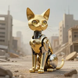 gold and silver tones, cybernetic cat in a deserted town, style of moebius, james jean, rutkowski, mcbess, cinematic, high detail, award winning, 8 k photorealistic