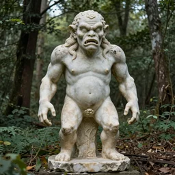 ancient marble statue of ugly monster, abandoned forrest scene, 8K photo