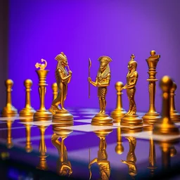 photo of a chess game on a reflective glasstable, the chess pieces are golden egyptian gods, low angle, purple light from the left side, 1 8 mm, hyperrealistic, very detailed