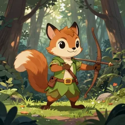 a pretty medieval anthropomorphic squirrel fox ranger with a crossbow and dressed as peter pan in the forest, comic art, trending on furaffinity, cartoon, kawaii