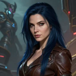 portrait of a beautiful woman in a leather cloth, dark blue long hair, grey eyes, georgian nose, art by legends of runeterra, art by league of legends, art by dungeon and dragons, science fiction, cyberpunk, artstation, cgsociety, high details, 8 k