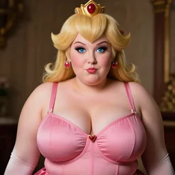 detailed photograph hyper realistic princess peach, tight push up bra, really large bust, with a pouting smile, beautiful low light, 4 5 mm, by quintin tarantino