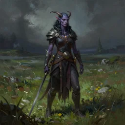 a beautifully detailed portrait painting of a aasimar demon ranger standing relaxed on a lush tundra field, portrait fantasy art, darksun fantasy art, art by keith parkinson and greg rutkowski and tim hildebrandt