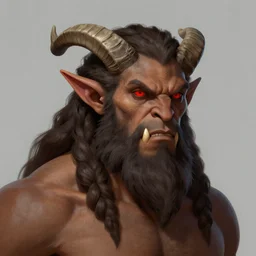 matte painting of goliath, braided hair and beard. Brown skin. Red eyes. Elf ears, horns Portrait. Craig mullins. Orc teeth. ArtStation