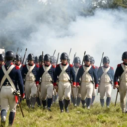 real picture of a napoleonic army charge, soldier perspective, front view, clear shinny day, white smoke,