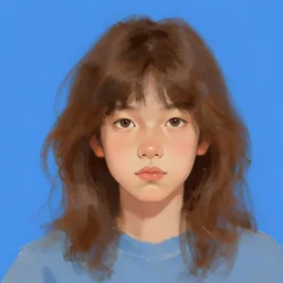 portrait of a boy with long fluffy brown hair. blue background. large brush strokes, digital art, procreate