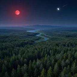 beautiful fantasy landscape, distant forest, distant mountains, river, night, stars, shooting stars, a red moon and a white moon, by james gurney, aerial perspective, concept art, matte painting, intricate, hyper detailed, volumetric lighting, sharp focus, octane render, trending on artstation, 8 k