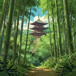 deep in a japanese bamboo forest, ancient ruined temple in distance, sunny, cartoony, anime style, mid day, realistic lighting, by ghibli studio, arcane, wild rift, trending on artstation, 4 k, hd