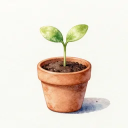 watercolor art of tiny plant sprouting in cute flower pot