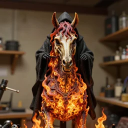 photo taken of an epic intricate, ultra detailed, super realistic sculpture of a fiery nightmarish hellish demonic hooded grim reaper's death horse animatronic on display in a workshop, created by weta workshop, zoomed in shots, photorealistic, sharp focus, f 0. 4, face centred, macro photography, golden ratio, golden hour