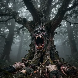dark forest shrouded in mist, a tree with bloody fanged mouth gaping open fangs visible, screaming face on tree trunk with fangs, tree bark shaped like a mass of human bodies, forbearing, oppressive, epic composition, digital art, concept art, 4 k, highly detailed