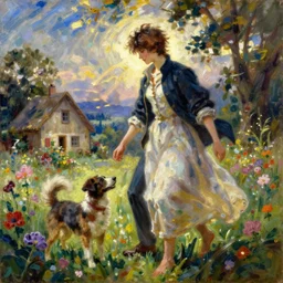 an oil painting of [ nagito komaeda and hajime hinata ] painted by [ pierre auguste cot ], romantic, beautiful textures, dynamic lighting, landscape painting [ a woman and her dog ] in a cottage flower field, [ realistic and epic ]