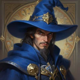 mindblowing portrait of alexis ohanian as a wizard, blue wizard hat, deep focus, d & d, fantasy, intricate, elegant, highly detailed, digital painting, artstation, concept art, matte, sharp, illustration, hearthstone, art by artgerm and greg rutkowski and alphonse mucha