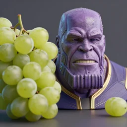 Thanos's head next to a bunch of grapes, hyper realism, high detail, octane render, 8k, depth of field