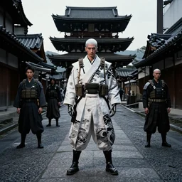 cyborg with white and black ancestral ornate japanese tactical gear standing in an ancient japanese temple, long shot, dark abandoned city streets, by irving penn and storm thorgerson, ren heng, peter elson, alvar aalto