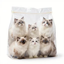 a highly detailed photo of a transparent bag full of furry cats, white background, studio lighting, 4 k, 8 k