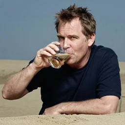 David Braben drinking a glass of sand.