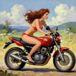 an women in a red bikini on a motorcycle, fantasy world, painted by sylvain sarrailh, rhads, ferdinand knab, trending on artstation