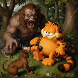 detail of a painting by “ hieronymus bosch ” of a closeup view of the monstrous and horrifying “ garfield ” the cat tormenting and teasing sinners in “ the garden of earthly delights ” with odie and nermal.