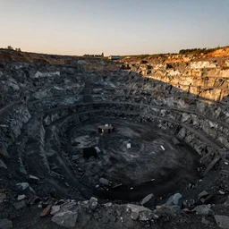 bottom-up view huge deep stone quarry landscape quarry of dirty iron ore  in the evening light golden hour, atmospheric lighting, 8k resolution, best color graded, vray beautiful, hyper-realistic render  W 1920 H 1080