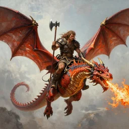 panoramic portrait painting of very handsome and savage barbarian riding a majestic flying red dragon blowing fire, asymmetric, full body view and focus of high detailed photo realistic face, wearing ancient barbarian clothing in the style of conan, centered, rule of thirds photo, hyper realistic, sharp focus, 8 k, intricate oil painting, golden axe box art illustration style masterpiece trending on artstation pixiv fanbox by