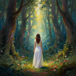 a woman dressed in a white dress, seen from behind, in a magical forest, painted by, mc escher, gordon onslow ford, georgia o'keeffe and ivan aivazovsky, cinematic light, god rays, colourful, unreal engine, zbrush central,