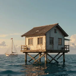 a house built on top of the ocean on stilts, a small sailing boat in the background with a flag and fishnets style of midjourney, cgsociety, 8 k, cinematic, unreal engine, octane render, illustration digital animation, trending on artstation, art by wlop and greg rutkowski, rule of thirds, golden ratio, ambient lighting