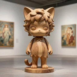 octane render ultra photorealistic hyper detailed, trending on cgsociety, in a contemporary art gallery wooden sculpture on feet art toys, a very cute mystical statue cyber of the roman god natural with cats ears, by alphonse mucha
