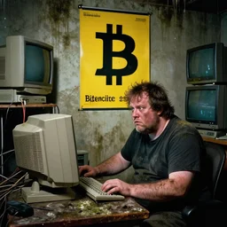 typical cryptocurrency nerd, sitting in front of old 9 0's computer, prominent yellow bitcoin poster on wall, shilling, crt tubes, cables everywhere, damp basement decay fat and dirty, scruffy looking, claustrophobia, humidity mold, award - winning photomanipulation, analog horror style
