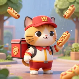 in the style of zootopia, hotdogs rainning around an anthropomorphic cat, wearing a pizza delivery uniforms