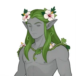 male firbolg druid with vines and hibiscus flowers as hair simple drawing, pointy ears, gray skin, dungeons and dragons, comic style