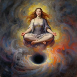 a surrealistic portrait of a meditating woman floating above a black hole, the birth of the singularity, impasto, airbrushed, smoky swirls, vibrant colors, hyperrealism, paint splashes, shadows, rule of thirds, detailed digital matte painting by jan van eyck