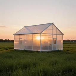 a translucent house in a meadow at sunset