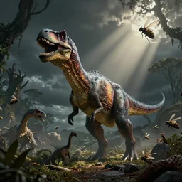 exciting and spooky adventure landscape featuring dinosaurs and flying insects