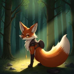 a medieval anthropomorphic fox with a big fluffy tail in a forest, trending on furaffinity, trending on artstation, digital art, backlighting, by kawacy, dramatic lighting, cartoon, furry art