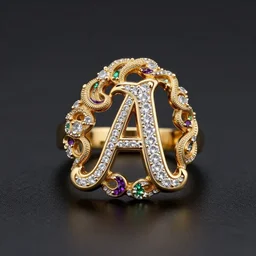 mystical gold and diamond thin curly female ring with letter a and fine purple and green details, ultra detailed, centered, octane render, elegant, caustics