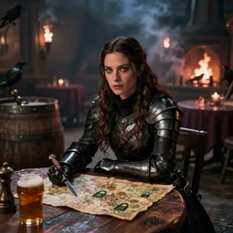 Kate Beckinsale sit near round table with beer casks, knive in the wood, map and lockpics. She is weared as fantasy thief in the light black armor. She looking to front, she's eyes wide open, month slightly open. She's looks mystery. Dark medieval tavern here with bare vision, smoke and smog here, torches and fireplace give the bare light, crowdy, bokeh effect, colorfull digital fantasy art, 4k
