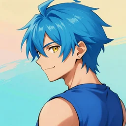 profile shot of rimuru tempest, sky blue ponytail, gold eyes, smiling, wearing a blue sleeveless shirt, ultra detailed, brush strokes, digital painting, cinematic, artstation wlop, closeup, pixiv, colorblock, hip, pop, by cutesexyrobutts, yoshitaka amano, andy warhol,
