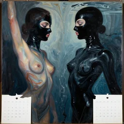 two abstract beautiful female body silhouettes, beautiful acrylic fluid portrait, photography by amy leibowitz, renaissance painting by michaelangelo, fresco, black latex female balaclava, female calendar, ballerina body covered with black water, underwater, melting glass, close up portrait, cinematic still, film still, magic hour, dark shadows, fashion portrait, cold colors, long exposure, sketch