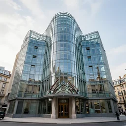 a city made of glass, ground level view, art nouveau and cubism