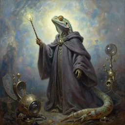 portrait oil painting, an ethereal lizard wearing a wizard cloak, holding a magic wand, ultra realistic, wide angle, intricate details, artifacts, luminous skies, highly detailed, michael cheval, peter mohrbacher, boris vallejo, jessica rossier, oil painting, highly detailed, cinematic lighting