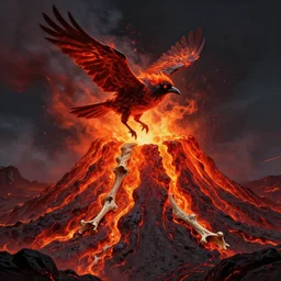 crow fiery volcano, volcanic crow made of lava and bones leaping out of a volcano, highly detailed, digital painting, trending on artstation, concept art, illustration, vibrant reds and oranges, deep blacks, photorealism, epic, octane render