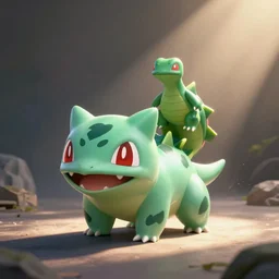 an 85mm photograph of a bulbasaur, beautiful, frog dinosaur, absolutely adorable, dynamic lighting