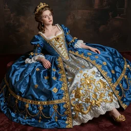 Elegant laydy in blue baroque dress with gold ornaments. By Konstantin Razumov, highly detailded