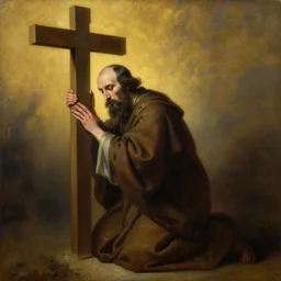 oil matte portrait painting of a monk looking like rasputin!! kneeling under a cross, detailed faces, wonderful masterpiece highly detailed, beautiful cinematic light deep focus, elegant, digital painting, smooth, sharp focus, golden ratio, dramatic illumination, ultra realistic, 8 k, art by salvator rosa and caravaggio