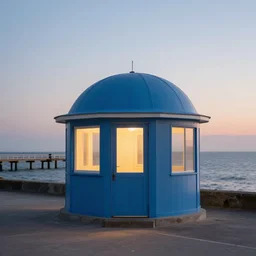 small blue dome house, cozy lighting, by the seafront, pier, late afternoon, art by ross tran