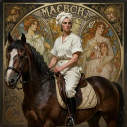 portrait painting of a female butcher riding a horse, ultra realistic, concept art, intricate details, eerie, highly detailed, photorealistic, octane render, 8 k, unreal engine. art by artgerm and greg rutkowski and alphonse mucha