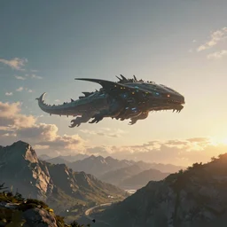 a cyberpunk leviathan is flying high in the sky above the mountains, epic, surreal, cinematic shot, golden hour, artstation, deviantart, dreamy atmosphere, high definition