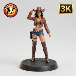 80mm resin detailed miniature of a cow girl, Short brown leather jacket, ten-gallon hat, over-knee boots, navel, olive thigh skin, on textured disc base; Miniature product Introduction Photos, Company Logo, 4K, Full body; Front view