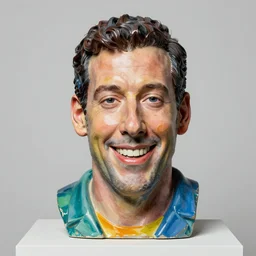 beautiful studio photograph of colorful postmodern portrait sculpture of adam sandler smiling, beautiful symmetrical face accurate face detailed face realistic proportions, made of watercolor - painted plaster on a pedestal by ron mueck and matthew barney and greg rutkowski, hysterical realism intense cinematic lighting shocking detail 8 k